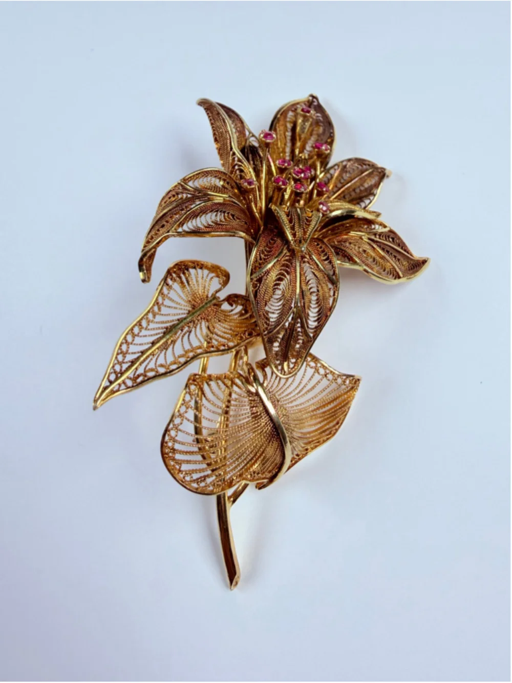 Estate 14K Solid Yellow Gold Ruby XL Floral Filigree Masterpiece VTG Pin Brooch